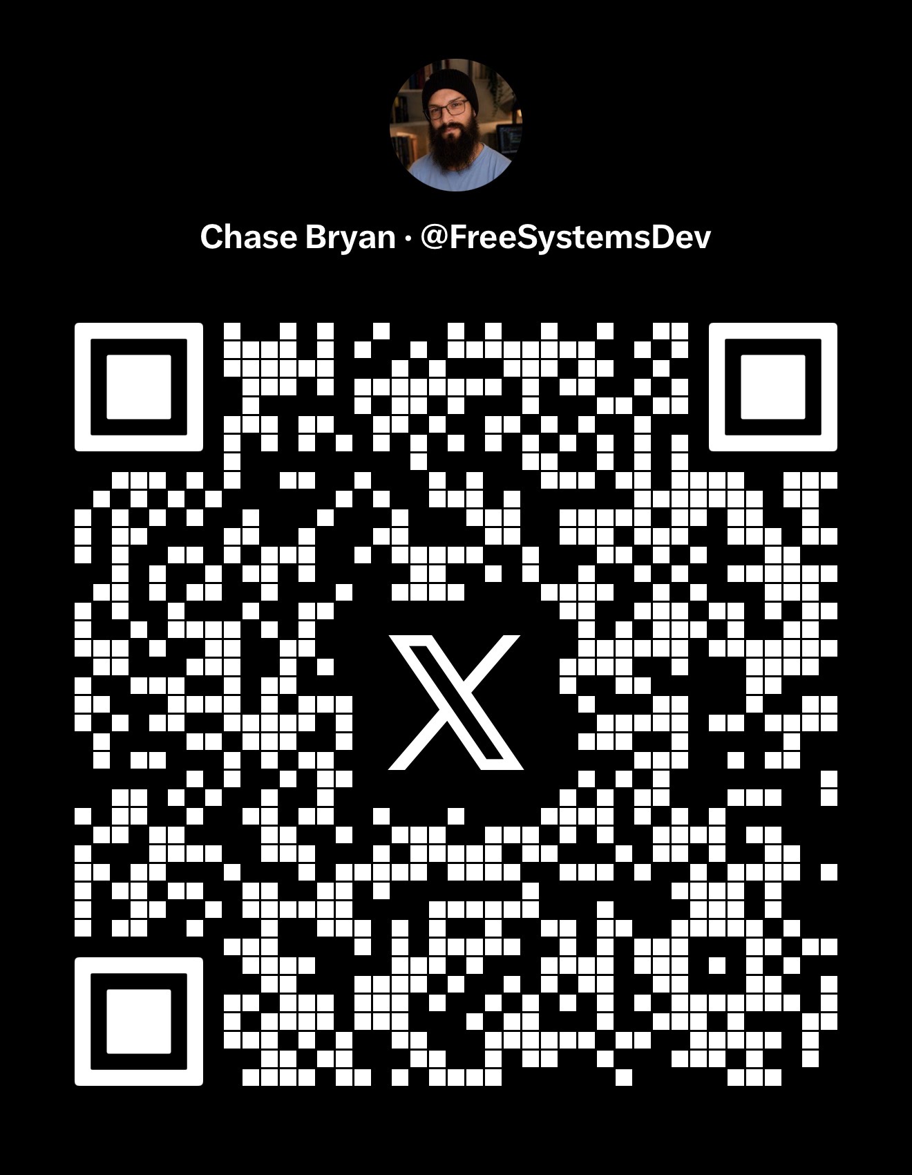 Complete, uncropped X Money recipient card for Chase Bryan at FreeSystemsDev, including the QR code used to send money